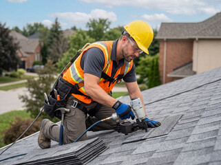 Obraz na płótnie Canvas Professional roofer carefully installs new shingles on a residential house roof