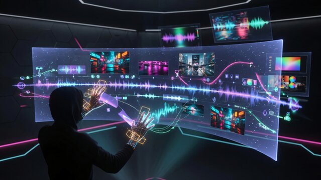 Interfaccia olografica futuristica per editing audio e produzione musicale