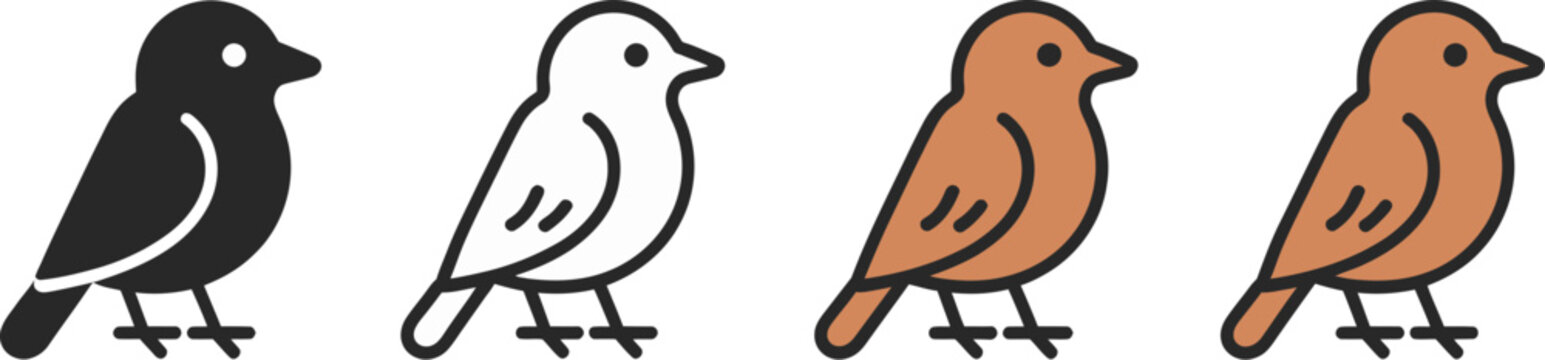 Nightingale Bird Vector Icon Set in Four Styles, Black Solid, Glyph Outline, Minimal Flat, and Multicolor Cartoon Filled, Consistent Pose and Proportions for Design Projects