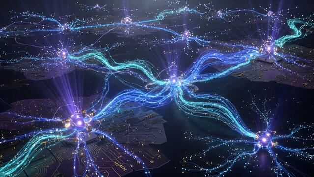Rete neurale artificiale globale con connessioni energetiche luminose.