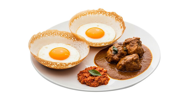 Authentic Sri Lankan Egg Hopper Appam with Spicy Chicken Curry and Coconut Sambol Isolated on White