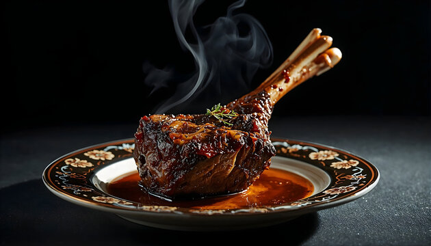 roasted lamb shank bone zeroah for passover seder plate on dark background