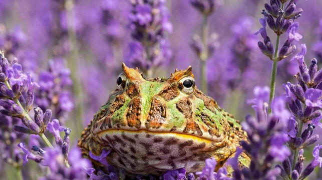 Close up of a frog sitting in a field of lavender flowers.