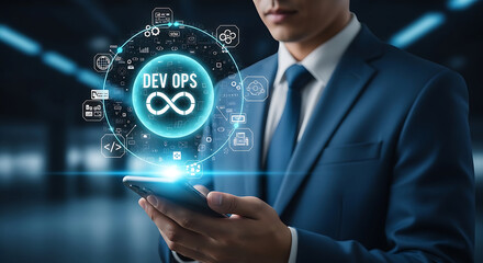 Fototapeta premium devops software development and business technology concept with a businessman using a smartphone to interact with a digital transformation interface.