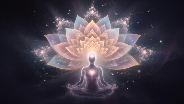 Meditazione spirituale e risveglio con fiore di loto luminoso