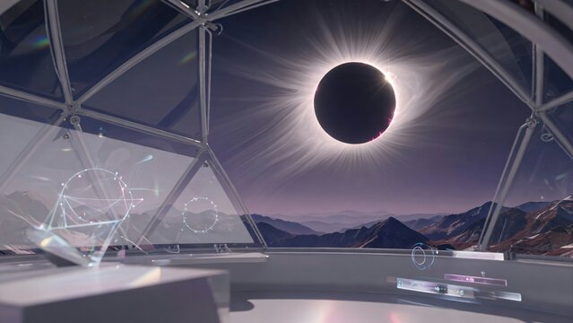 Eclissi solare totale vista dall'interno di una base spaziale futuristica.