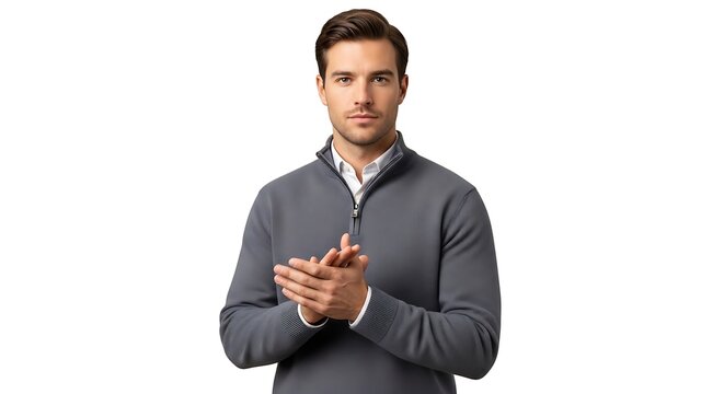 Young professional man rubbing hands together while wearing a stylish grey quarter zip sweater for a professional corporate studio portrait on white