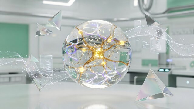 Struttura cellulare 3D luminosa fluttuante in un laboratorio moderno.