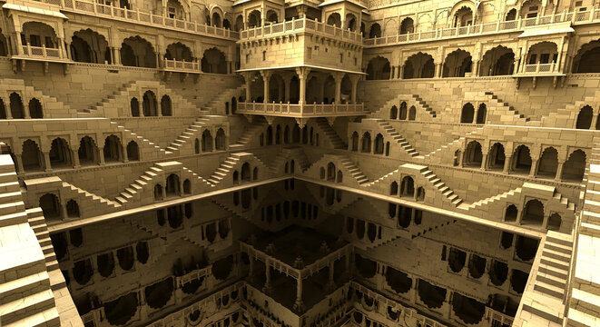 3D rendering of the ancient Chand Baori stepwell in Rajasthan, India, featuring symmetrical geometric stone staircases descending into a dark reservoir. Ideal heritage background for travel, history, 