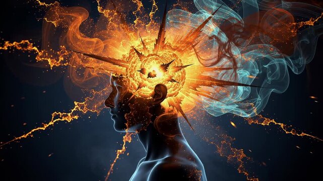 Creative human silhouette with fiery brain explosion and glowing abstract smoke effect