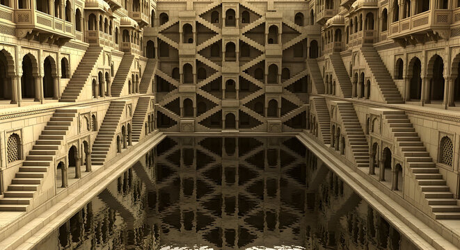 3D rendering of the ancient Chand Baori stepwell in Rajasthan, India, featuring symmetrical geometric stone staircases descending into a dark reservoir. Ideal heritage background for travel, history, 