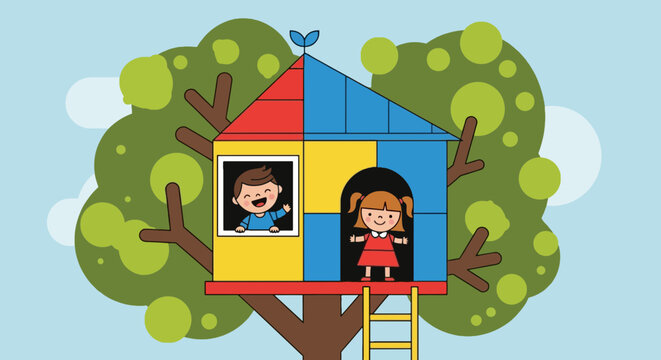 Colorful cartoon illustration of children in a whimsical treehouse with green foliage against a bright blue sky backdrop
