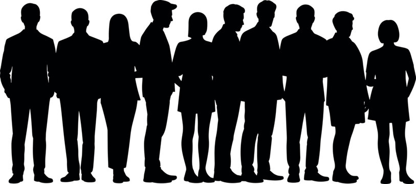 Diverse group of people standing silhouettes minimal black vector illustration for community teamwork corporate staff and social inclusion concept use