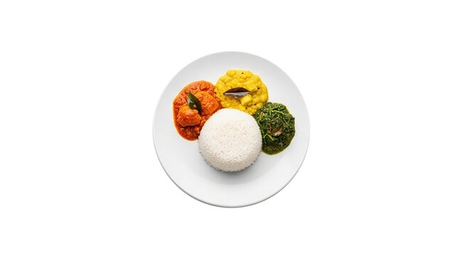 Traditional Indian Curry and Rice Meal Plate Isolated on White Background with Red Gravy, Yellow Dal, and Green Spinach Saag