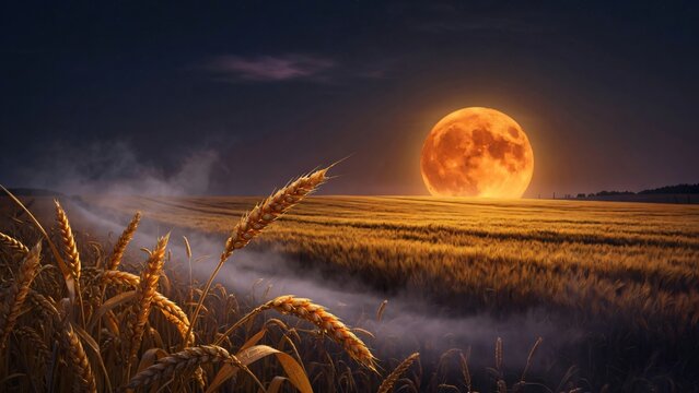 Luna piena gigante sorge sopra un campo di grano dorato di notte