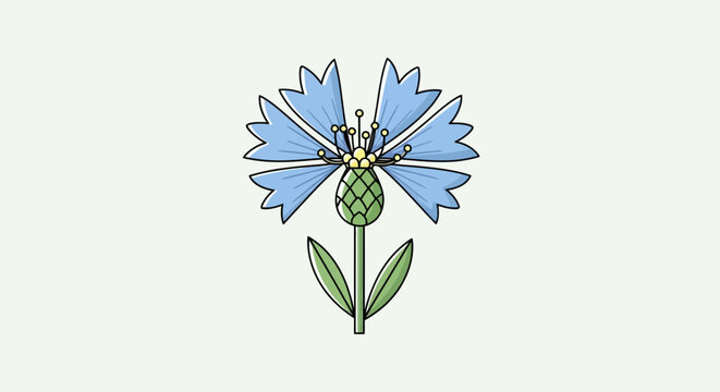 Cornflower vector illustration of a blossom with blue petals yellow stamens and green stem in a hand-drawn style on white