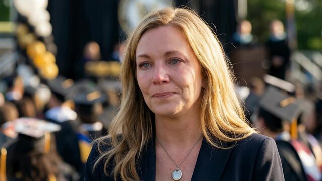 Woman crying happy tears at graduation ceremony with blurred crowd in background.