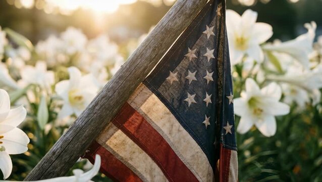 American flag with white flowers and wooden post in soft sunlight.