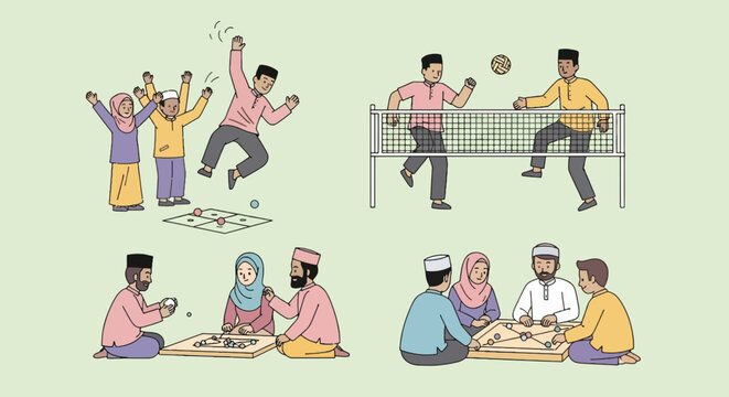 Group of Muslim people playing traditional games together including congkak and sepak takraw; vector illustration in cartoon style