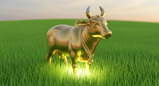 Majestic 3D golden sculpture of Kamadhenu sacred cow standing in a vibrant green grass field. Premium cultural asset for Indian heritage, Diwali, Gopa Ashtami, wealth prosperity symbols, and dairy far