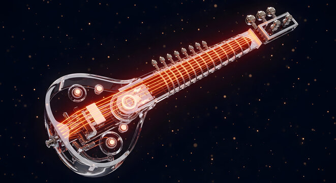 High-tech transparent glass electric sitar with glowing orange laser circuits and cybernetic strings. Innovative 3D illustration for futuristic Indian music fusion, sci-fi audio interfaces, and digita