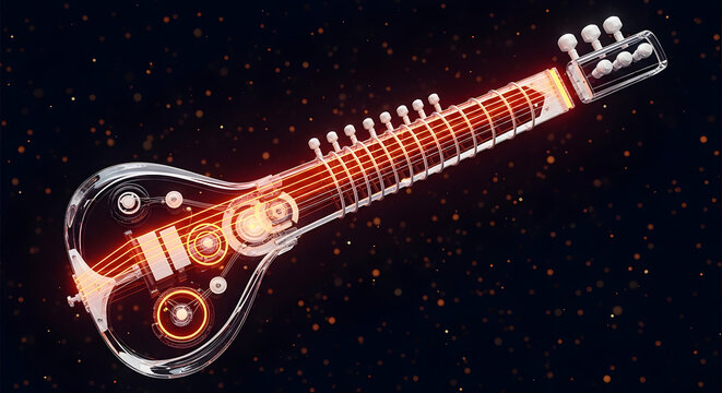High-tech transparent glass electric sitar with glowing orange laser circuits and cybernetic strings. Innovative 3D illustration for futuristic Indian music fusion, sci-fi audio interfaces, and digita