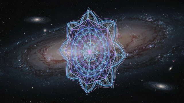 Cosmic sacred geometry mandala with vibrant neon colors overlaying a spiral galaxy in deep space