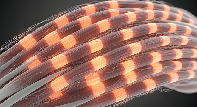 Microscopic 3D illustration of glowing orange and red human muscle fibers contracting under tension. Scientific graphic for sports medicine, muscle recovery, protein synthesis, and anatomy education.