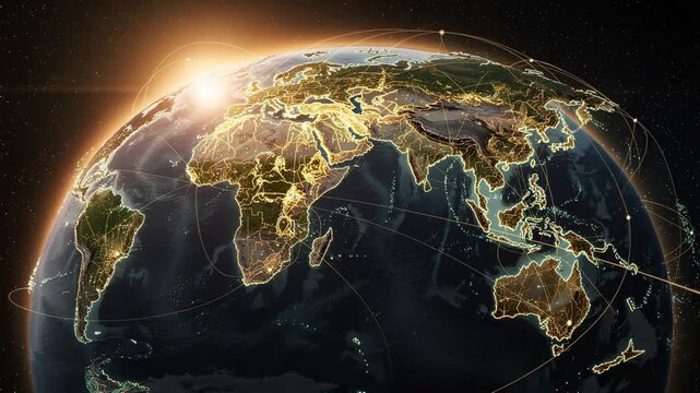 Glowing world map with global network connections and sunrise over Earth from space