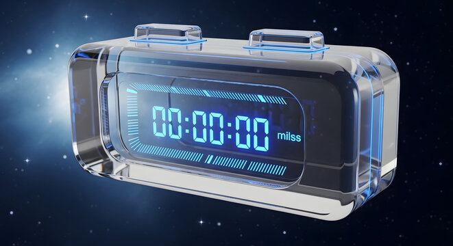High-tech transparent glass digital timer displaying a glowing blue HUD clock readout. Futuristic 3D graphic ideal for sports timing, workout interval apps, countdown banners, and sci-fi technology in