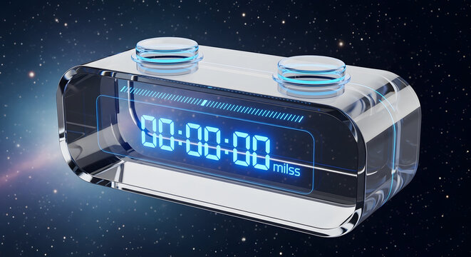 High-tech transparent glass digital timer displaying a glowing blue HUD clock readout. Futuristic 3D graphic ideal for sports timing, workout interval apps, countdown banners, and sci-fi technology in