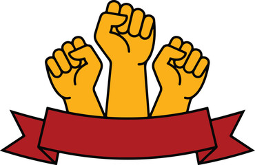 Obraz premium Stylized illustration of three raised yellow fists with red ribbon banner symbolizing unity strength solidarity empowerment and collective action