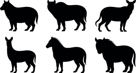 Farm animal silhouettes set minimal black vector illustration including cow horse donkey and llama for agriculture livestock design use © MstAduri