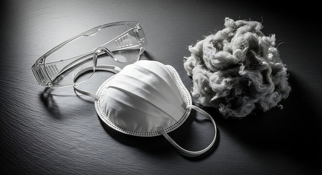 asbestos fibers next to a protective respirator mask and safety glasses illustrating health hazards and occupational safety on a dark surface.