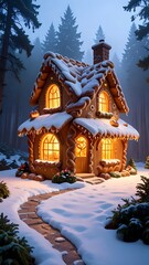 Fototapeta premium Enchanting Gingerbread House in Snowy Winter Forest with Warm Glowing Windows.