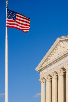 Supreme Court landmark of justice. US law authority in Washington DC. USA judicial branch building. American legal system symbol.