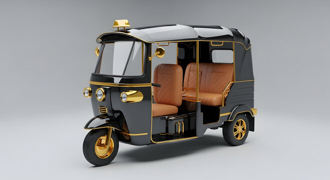 Modern 3D render of a luxury black and gold auto rickshaw (tuk-tuk) with premium leather interior. High-converting vehicle mockup for urban transport, city taxi apps, and Asian travel.
