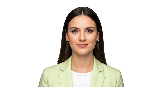 Professional businesswoman smiling while wearing a stylish mint green blazer for a corporate portrait headshot isolated on a white background