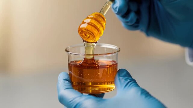 Close up of gloved hands holding honey dipper and glass jar with golden honey natural sweetener