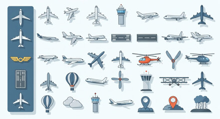 Naklejka premium Collection of Aviation Icons and Symbols Representing Airplanes and Helicopters.