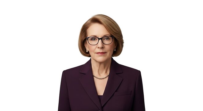 Mature businesswoman wearing glasses and a professional dark purple blazer looking seriously at camera for a studio portrait on white background
