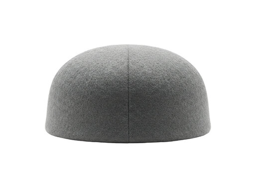 Simple gray woolen skullcap with subtle texture and rounded dome shape isolated white background
