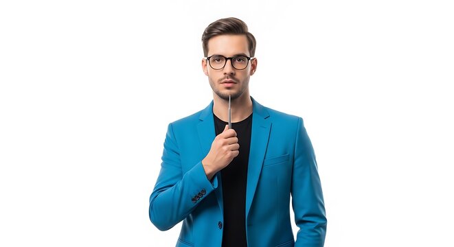 Young professional man wearing blue blazer and glasses holding pen to chin while thinking on white background for business and education concepts