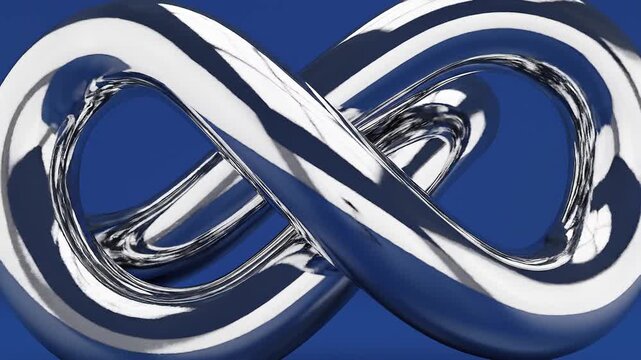 Polished Chrome 3D Abstract Sculpture with Interlocking Metallic Rings and Reflective Surfaces on Solid Blue Background for Futuristic Technology Concept and Modern Industrial Design Presentation