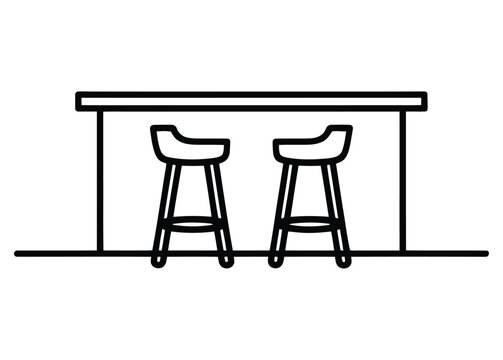 Bar stools stand in front of a counter within a modern interior design living space area.