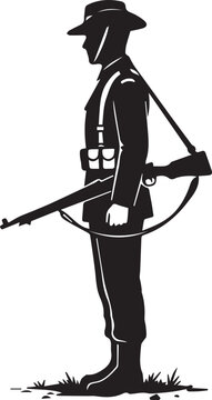 Black silhouette of soldier in wide brim hat with rifle slung over shoulder standing on grass symbolizing military remembrance honor and service
