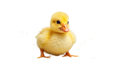Fototapeta premium Duckling baby bird isolated on a transparent background featuring soft yellow feathers and orange feet with water splashes