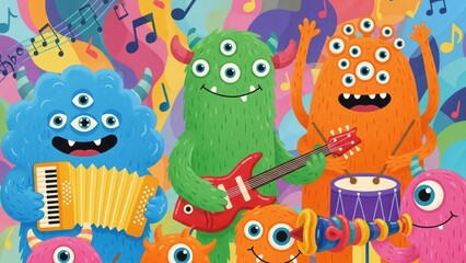 Naklejka premium Colorful Monsters Playing Musical Instruments