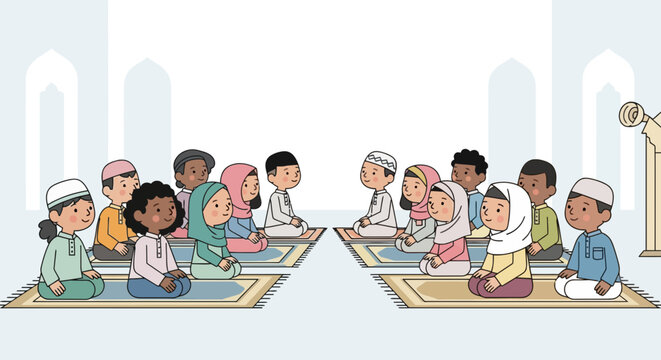 Children Sitting in Mosque Praying Cartoon Style Illustration with Diverse Kids Meditating on Prayer Rugs in Religious Setting