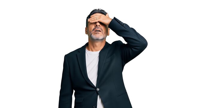 Stressed businessman covering eyes with hand while feeling regretful wearing a professional navy blue blazer for a studio portrait on white background